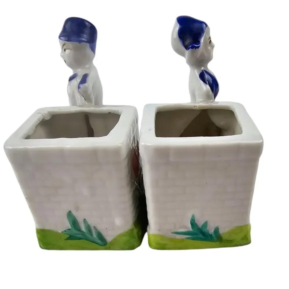 Vintage‎ Japan Dutch Blue & White Dutch Children 3'' Planters. Tulips,